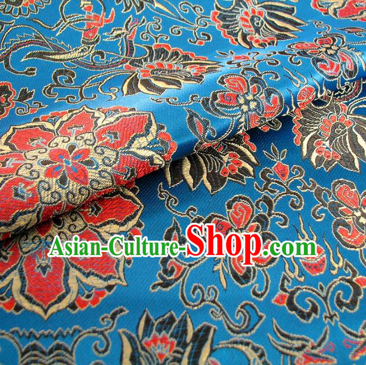 Chinese Traditional Palace Rich Pattern Design Hanfu Blue Brocade Fabric Ancient Costume Tang Suit Cheongsam Material