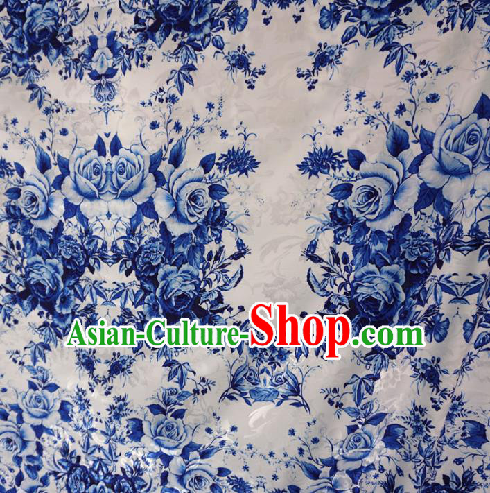 Chinese Traditional Palace Printing Rose Flowers Pattern Hanfu White Brocade Fabric Ancient Costume Tang Suit Cheongsam Material