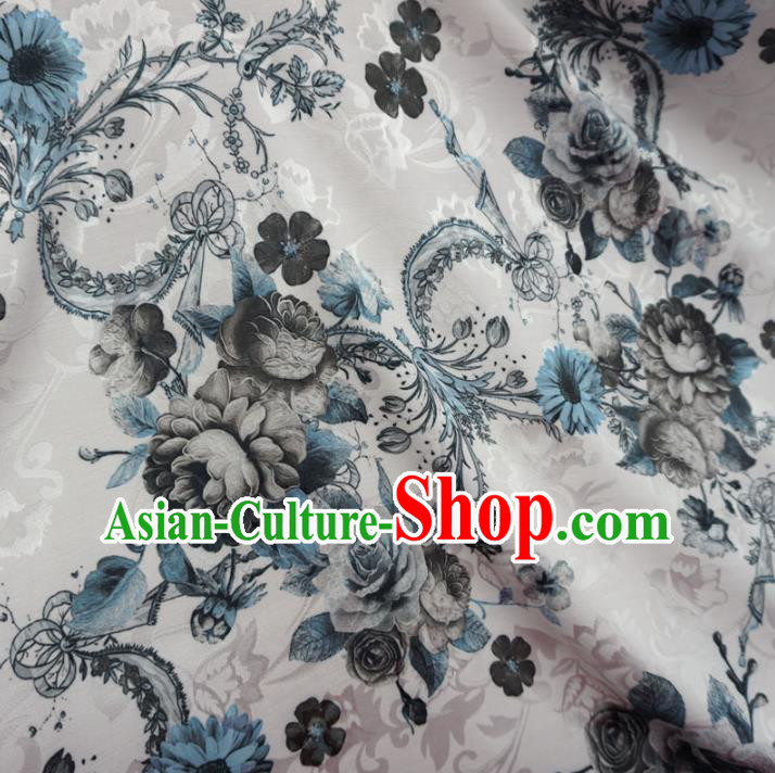 Chinese Traditional Palace Printing Flowers Pattern Hanfu White Brocade Fabric Ancient Costume Tang Suit Cheongsam Material