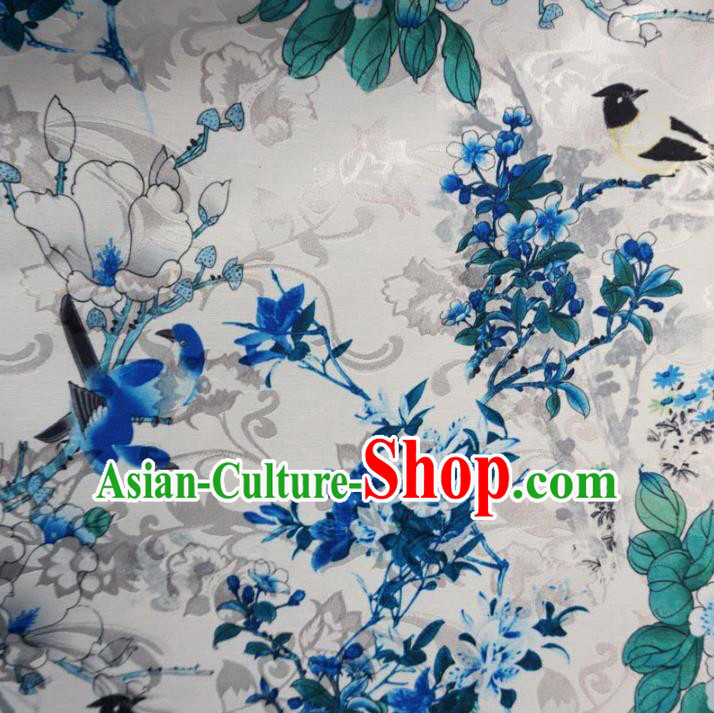 Chinese Traditional Palace Printing Flowers Birds Pattern Hanfu White Brocade Fabric Ancient Costume Tang Suit Cheongsam Material