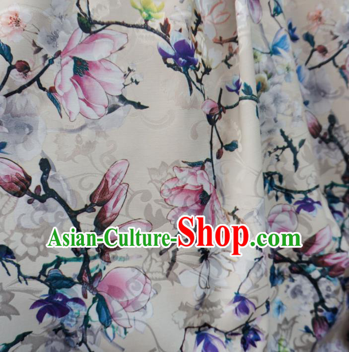 Chinese Traditional Palace Printing Magnolia Flowers Pattern Hanfu White Brocade Fabric Ancient Costume Tang Suit Cheongsam Material