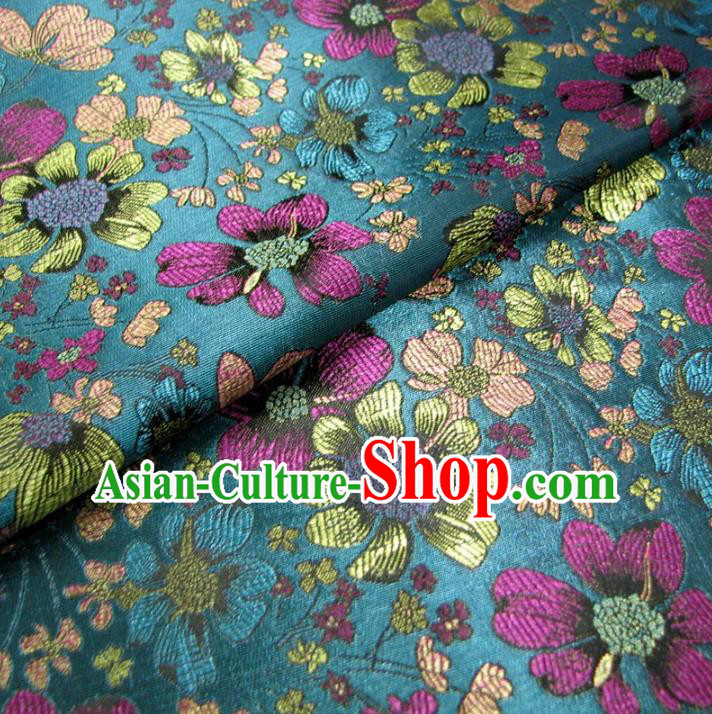 Chinese Traditional Palace Flowers Pattern Hanfu Blue Brocade Fabric Ancient Costume Tang Suit Cheongsam Material