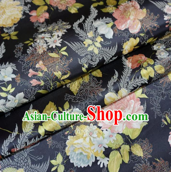 Chinese Traditional Palace Printing Flowers Pattern Hanfu Navy Brocade Fabric Ancient Costume Tang Suit Cheongsam Material