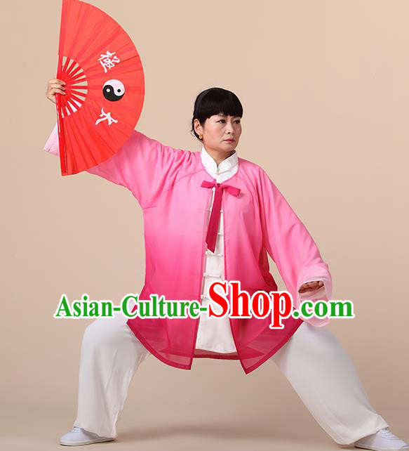 Traditional Chinese Kung Fu Costume Pink Chiffon Cloak, China Martial Arts Tai Ji Mantillas Clothing for Women