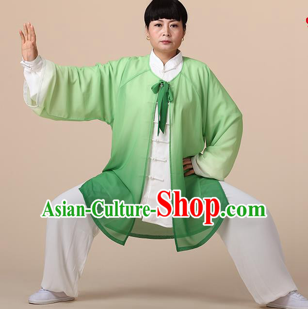 Traditional Chinese Kung Fu Costume Green Chiffon Cloak, China Martial Arts Tai Ji Mantillas Clothing for Women