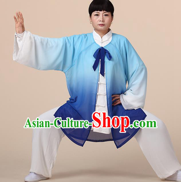 Traditional Chinese Kung Fu Costume Blue Chiffon Cloak, China Martial Arts Tai Ji Mantillas Clothing for Women