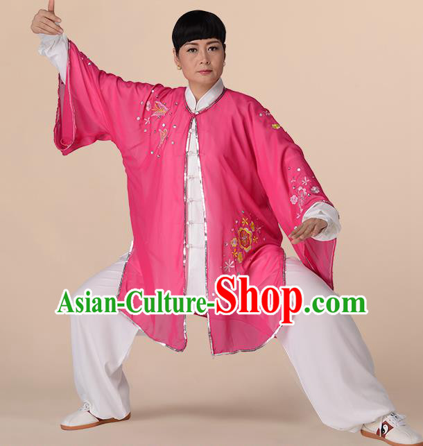 Traditional Chinese Kung Fu Costume Pink Chiffon Embroidered Cloak, China Martial Arts Tai Ji Mantillas Clothing for Women