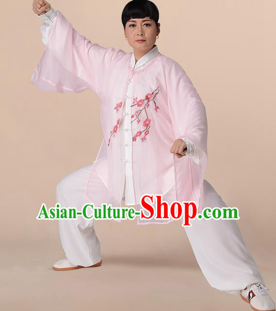 Traditional Chinese Kung Fu Costume Light Pink Chiffon Embroidered Cloak, China Martial Arts Tai Ji Mantillas Clothing for Women