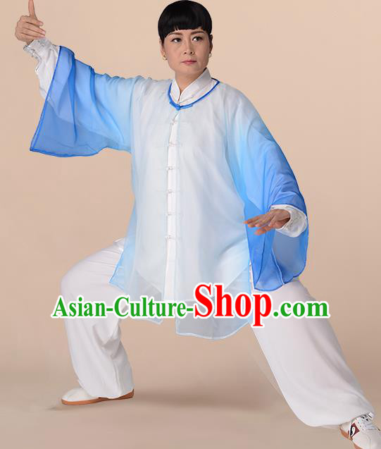 Traditional Chinese Kung Fu Costume Gradient Blue Chiffon Cloak, China Martial Arts Tai Ji Mantillas Clothing for Women