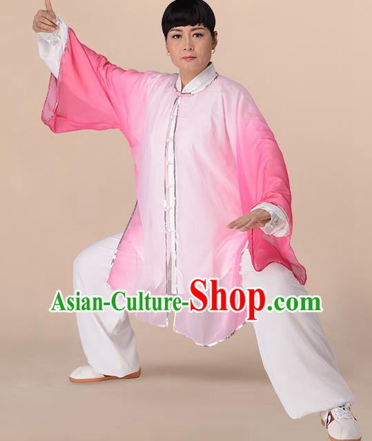 Traditional Chinese Kung Fu Costume Gradient Pink Chiffon Cloak, China Martial Arts Tai Ji Mantillas Clothing for Women