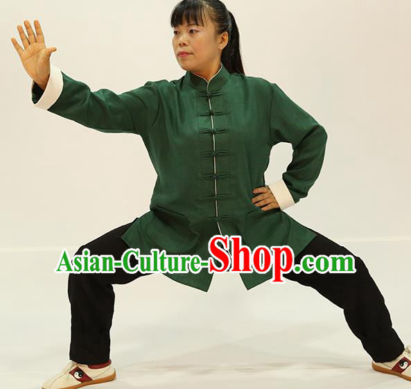 Traditional Chinese Kung Fu Green Linen Costume, China Martial Arts Uniform Tai Ji Tang Suit Plated Buttons Clothing for Women