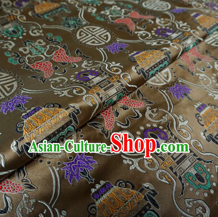 Chinese Traditional Palace Double Fish Pattern Hanfu Brown Brocade Fabric Ancient Costume Tang Suit Cheongsam Material