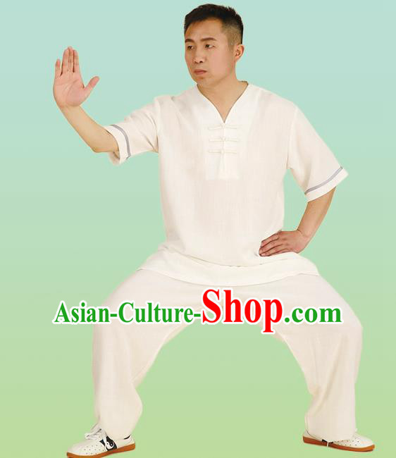 Chinese Linen Kung Fu Short Sleeve Costume, China Traditional Martial Arts Kung Fu Tai Ji Training Uniform for Adult