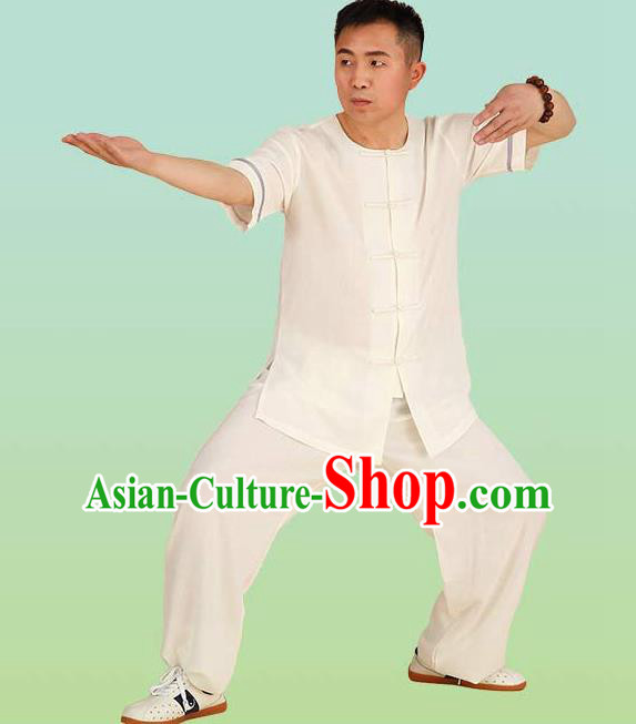 Chinese Linen Kung Fu Short Sleeve Costume, China Traditional Martial Arts Kung Fu Tai Ji Plated Buttons Uniform for Adult