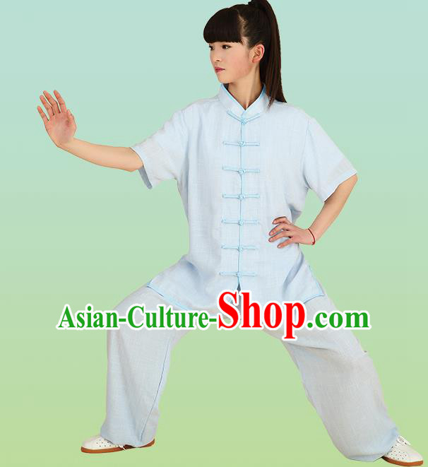 Chinese Linen Kung Fu Short Sleeve Blue Costume, China Traditional Martial Arts Kung Fu Tai Ji Plated Buttons Uniform for Women