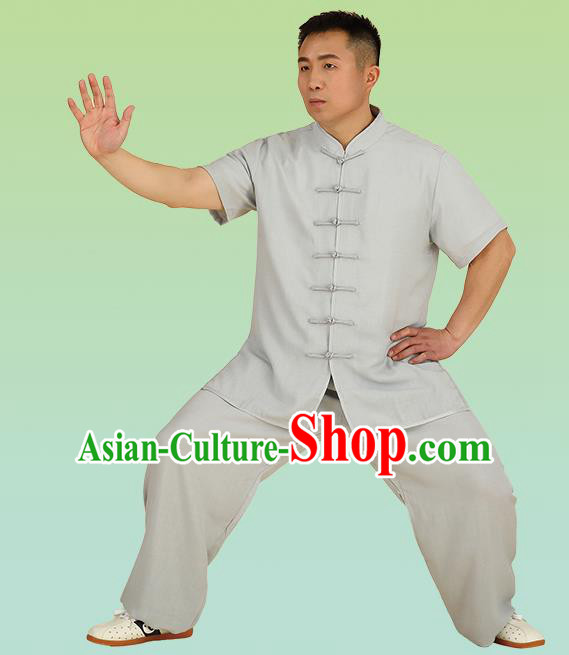 Chinese Linen Kung Fu Short Sleeve Grey Costume, China Traditional Martial Arts Kung Fu Tai Ji Plated Buttons Uniform for Men
