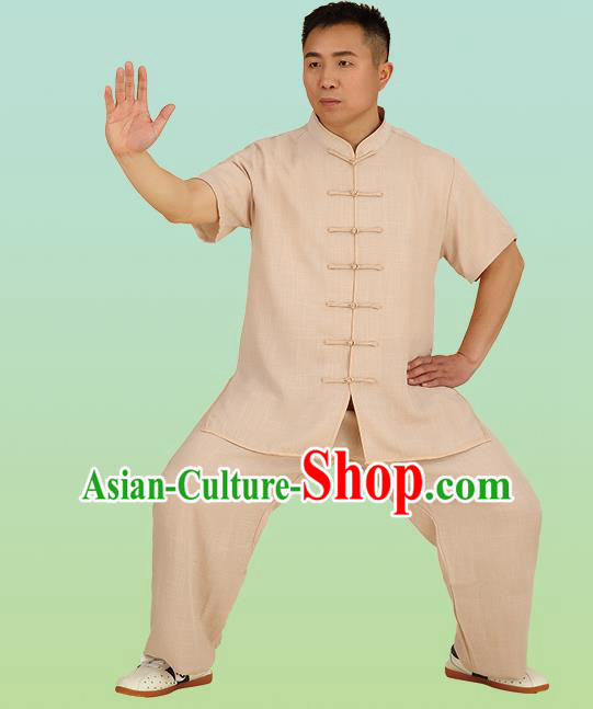 Chinese Linen Kung Fu Short Sleeve Khaki Costume, China Traditional Martial Arts Kung Fu Tai Ji Plated Buttons Uniform for Men