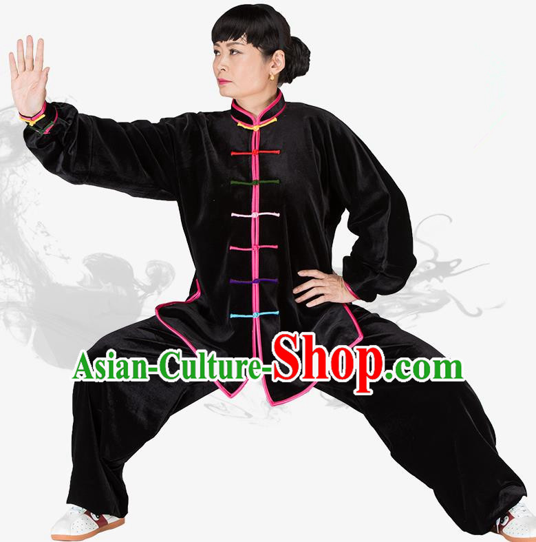 Chinese Kung Fu Black Velvet Costume, China Traditional Martial Arts Kung Fu Tai Ji Uniform for Women for Men