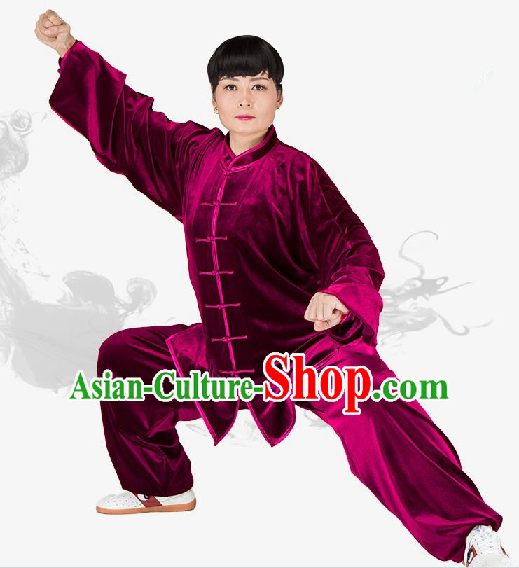 Chinese Kung Fu Black Wine Red Velvet Plated Buttons Costume Traditional Martial Arts Kung Fu Tai Ji Uniform for Women for Men