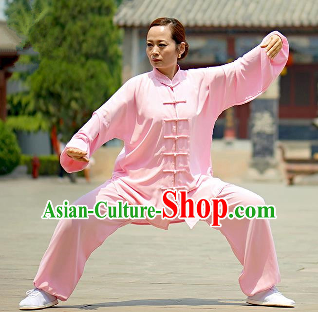 Chinese Kung Fu Plated Buttons Costume, Traditional Martial Arts Kung Fu Tai Ji Pink Uniform for Women for Men