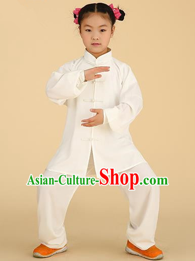 Chinese Kung Fu Linen Plated Buttons Costume, Traditional Martial Arts Tai Ji White Long Sleeve Uniform for Kids