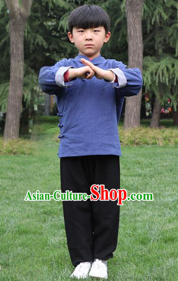Chinese Kung Fu Linen Slant Opening Costume, Traditional Martial Arts Tai Ji Navy Uniform for Kids