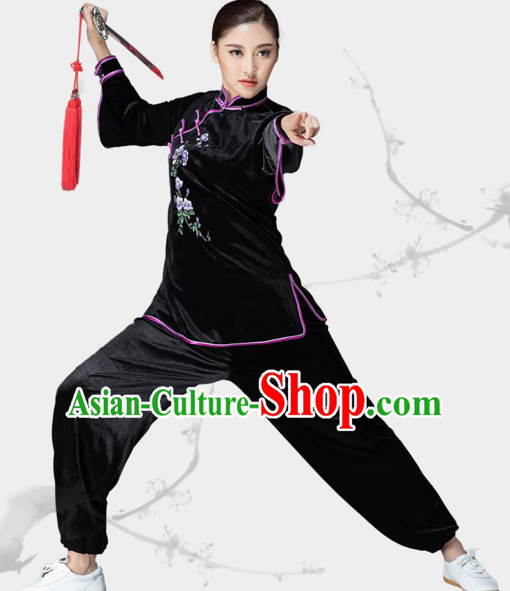 Traditional Chinese Kung Fu Black Velvet Embroidered Costume, China Martial Arts Tai Ji Slant Opening Clothing for Women