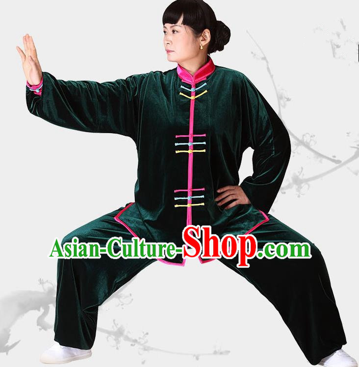 Traditional Chinese Kung Fu Green Velvet Costume, China Martial Arts Tai Ji Clothing for Women