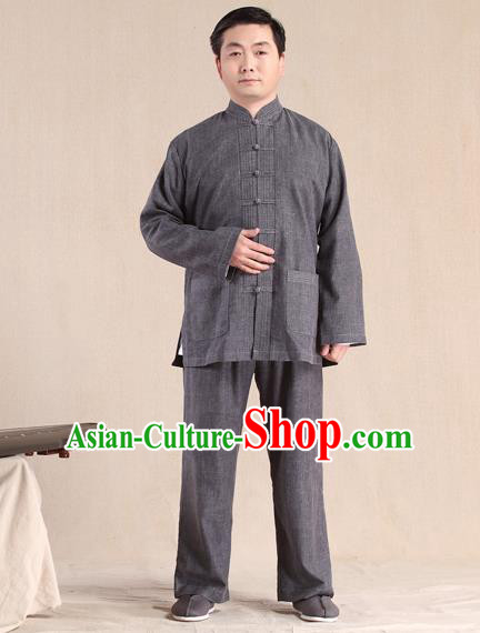 Traditional Chinese Kung Fu Grey Linen Costume, China Martial Arts Uniform Tai Ji Tang Suit Plated Buttons Clothing for Men