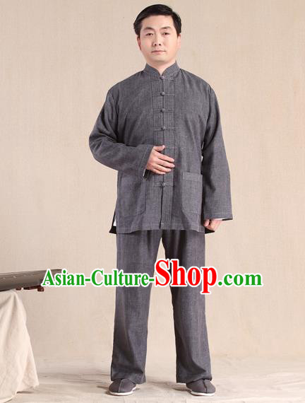 Traditional Chinese Kung Fu Grey Linen Costume, China Martial Arts Uniform Tai Ji Tang Suit Plated Buttons Clothing for Men