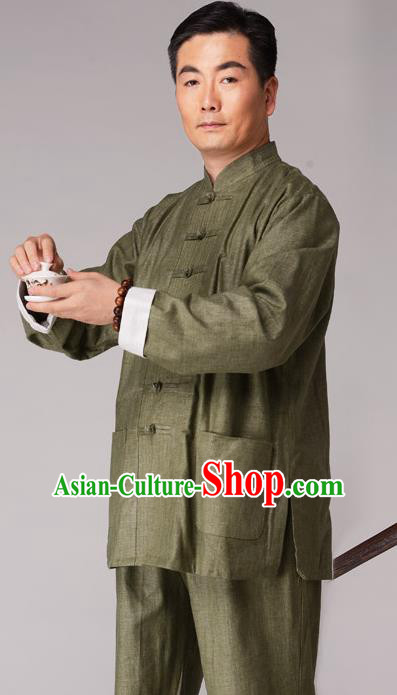 Traditional Chinese Kung Fu Green Linen Costume, China Martial Arts Uniform Tai Ji Tang Suit Plated Buttons Clothing for Men