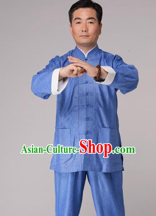 Traditional Chinese Kung Fu Blue Linen Costume, China Martial Arts Uniform Tai Ji Tang Suit Plated Buttons Clothing for Men