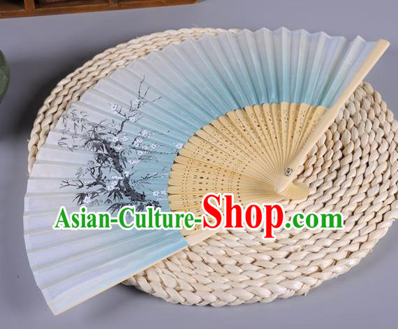 Traditional Chinese Crafts Printing Wintersweet Blue Silk Folding Fan China Oriental Fans for Women