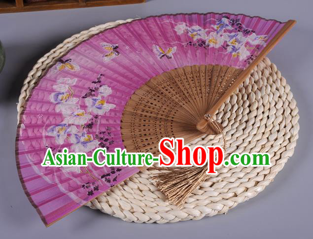 Traditional Chinese Crafts Printing Butterfly Pink Silk Folding Fan China Oriental Fans for Women