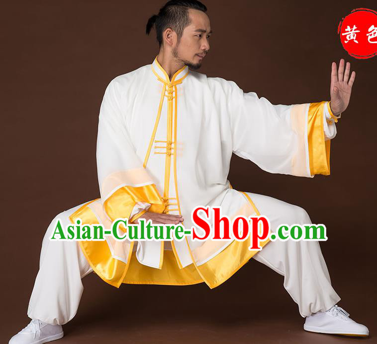 Traditional Chinese Kung Fu Costume Complete Set, China Martial Arts Yellow Uniform Tai Ji Tang Suit Clothing for Men