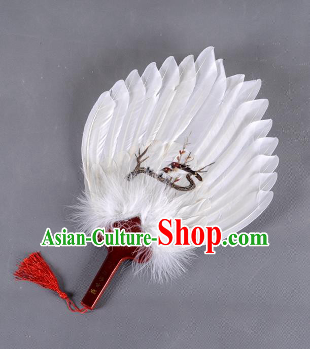 Traditional Chinese Crafts Folding Fan China White Feather Fan Printing Magpie Oriental Fan Zhuge Liang Fans