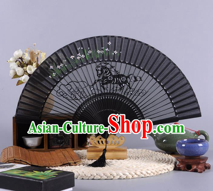Traditional Chinese Crafts Hollow Out Horse Folding Fan China Oriental Black Bamboo Fans for Women