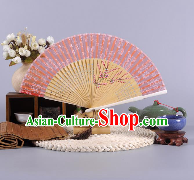 Traditional Chinese Crafts Hand Painted Plum Blossom Pink Silk Folding Fan China Oriental Fans for Women