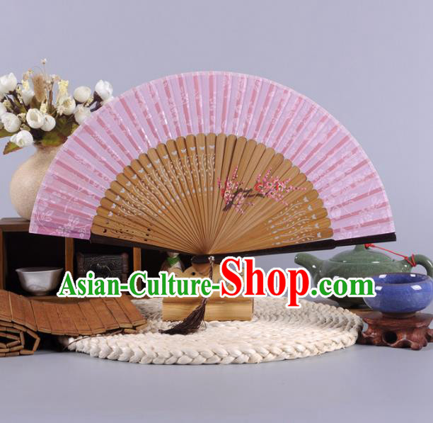 Traditional Chinese Crafts Hand Painted Plum Blossom Pink Silk Folding Fan China Oriental Fans for Women