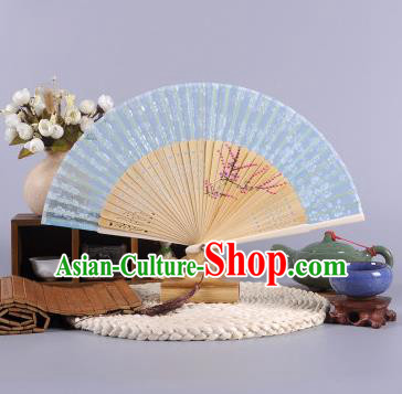 Traditional Chinese Crafts Hand Painted Wintersweet Blue Silk Folding Fan China Oriental Fans for Women