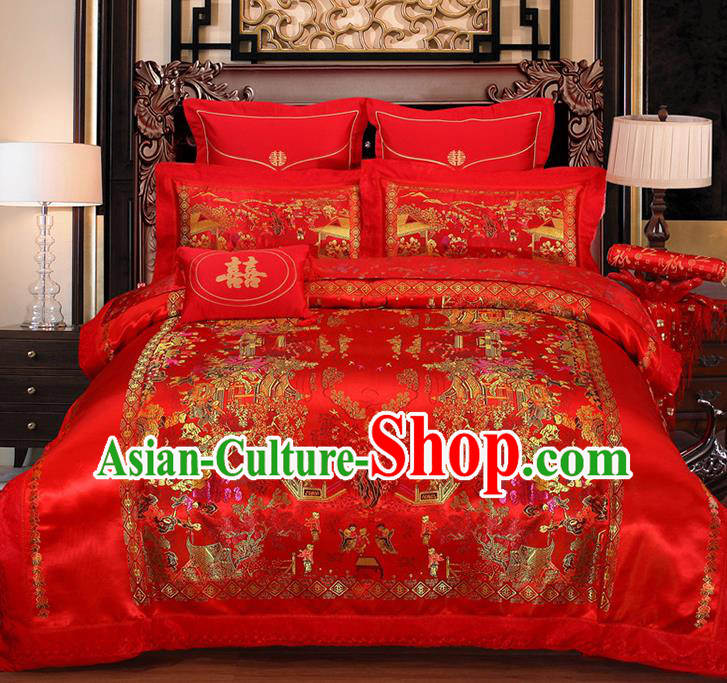 Traditional Asian Chinese Wedding Red Satin Qulit Cover Embroidered Hundred Children Bedding Sheet Four-piece Duvet Cover Textile Complete Set