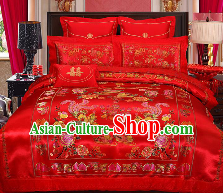 Traditional Chinese Wedding Red Satin Qulit Cover Embroidered Phoenix Peony Bedding Sheet Four-piece Duvet Cover Textile Complete Set