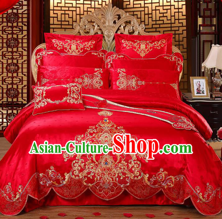 Traditional Chinese Wedding Red Satin Qulit Cover Embroidered Bedding Sheet Ten-piece Duvet Cover Textile Complete Set