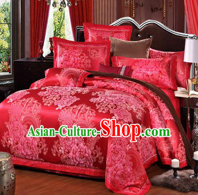 Traditional Chinese Wedding Red Satin Qulit Cover Printing Peony Bedding Sheet Four-piece Duvet Cover Textile Complete Set