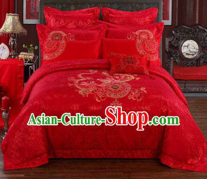 Traditional Chinese Wedding Red Satin Qulit Cover Printing Dragon Phoenix Bedding Sheet Four-piece Duvet Cover Textile Complete Set