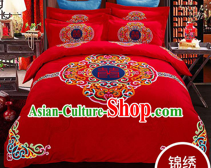 Traditional Chinese Wedding Red Qulit Cover Printing Bedding Sheet Four-piece Duvet Cover Textile Complete Set