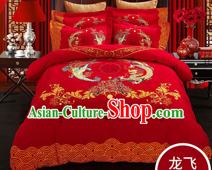 Traditional Chinese Wedding Red Qulit Cover Printing Dragon Phoenix Bedding Sheet Four-piece Duvet Cover Textile Complete Set