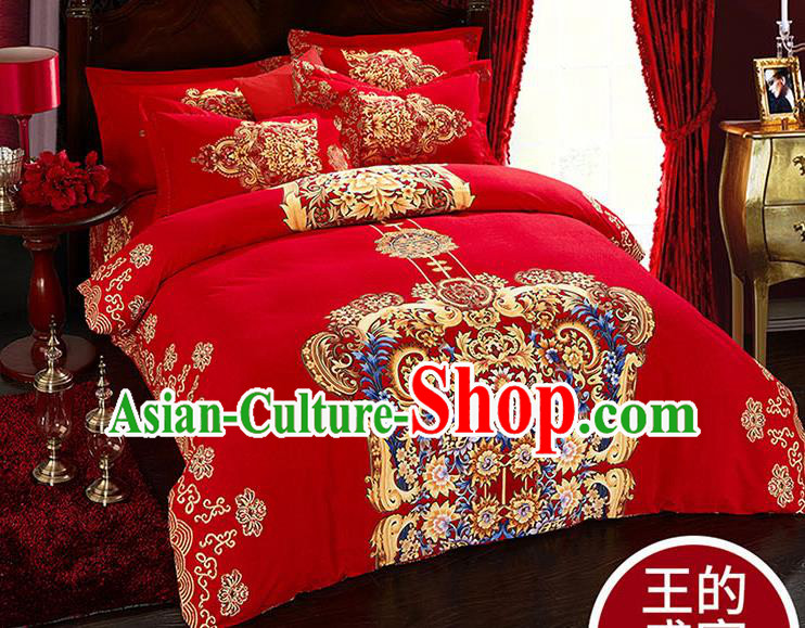 Traditional Chinese Wedding Red Qulit Cover Printing Bedding Sheet Four-piece Duvet Cover Textile Complete Set