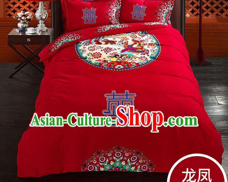 Traditional Chinese Wedding Red Qulit Cover Printing Mandarin Duck Bedding Sheet Four-piece Duvet Cover Textile Complete Set