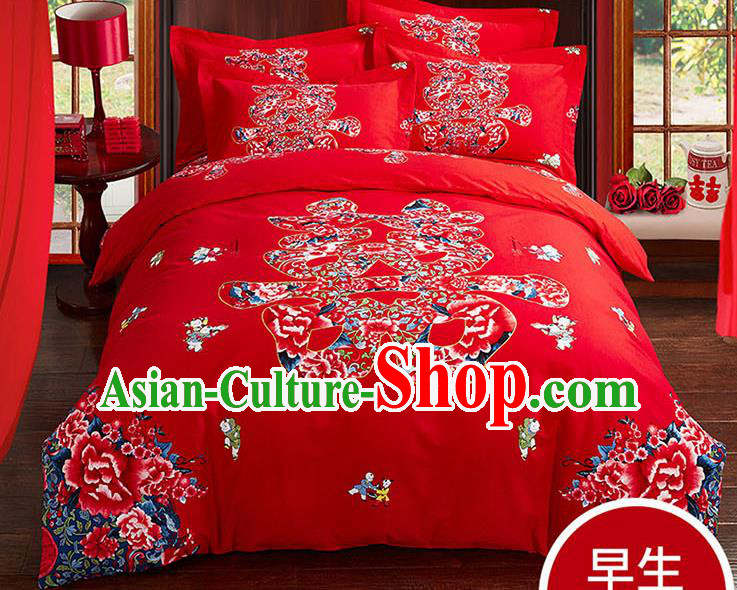 Traditional Chinese Wedding Red Qulit Cover Printing Peony Bedding Sheet Four-piece Duvet Cover Textile Complete Set